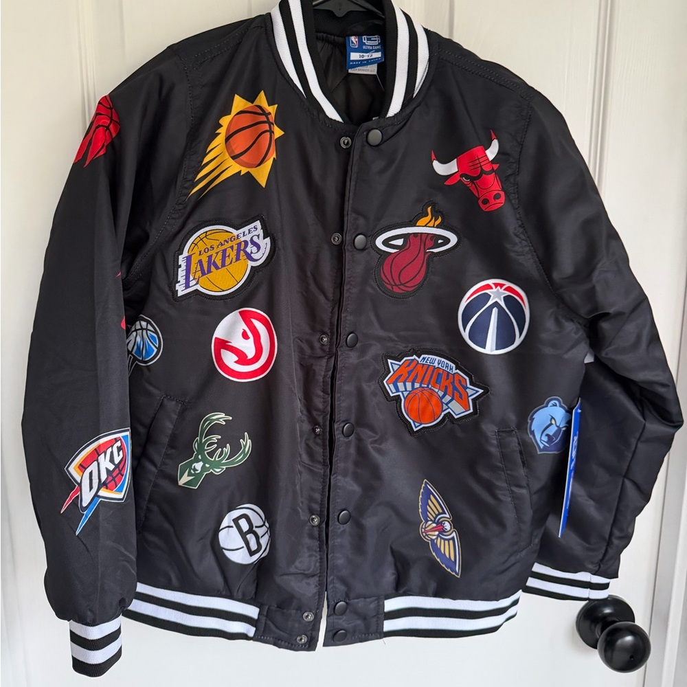 NBA Black Satin Basketball Multi-Team Patch Varsity Jacket - Bomber Jacket